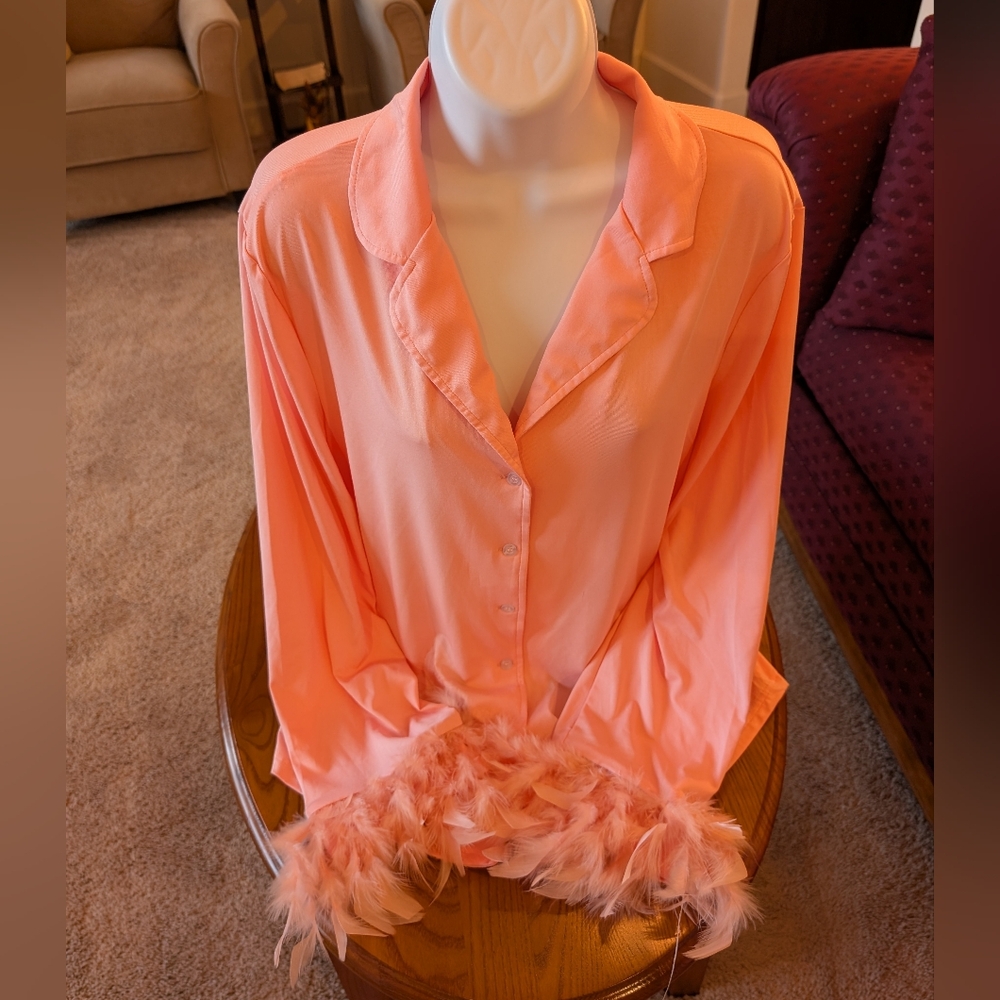 Moda Me Couture Peachy-Pink Feather Trimmed Pajamas Set, Size L - NEW - Picture 4 of 12